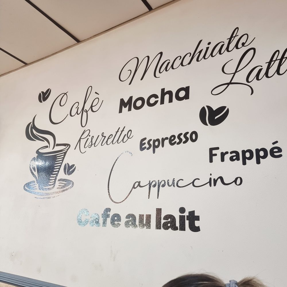 The café's hand-painted interior wall of coffee names