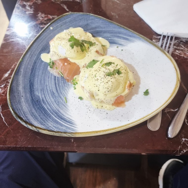 Poached eggs and smoked salmon, shot from above